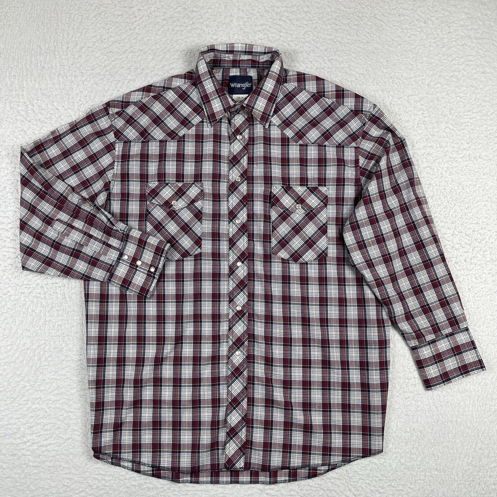 Wrangler Shirt Mens 17.5-34 Red Plaid‎ Country Western Cowboy Pearl Snap Work